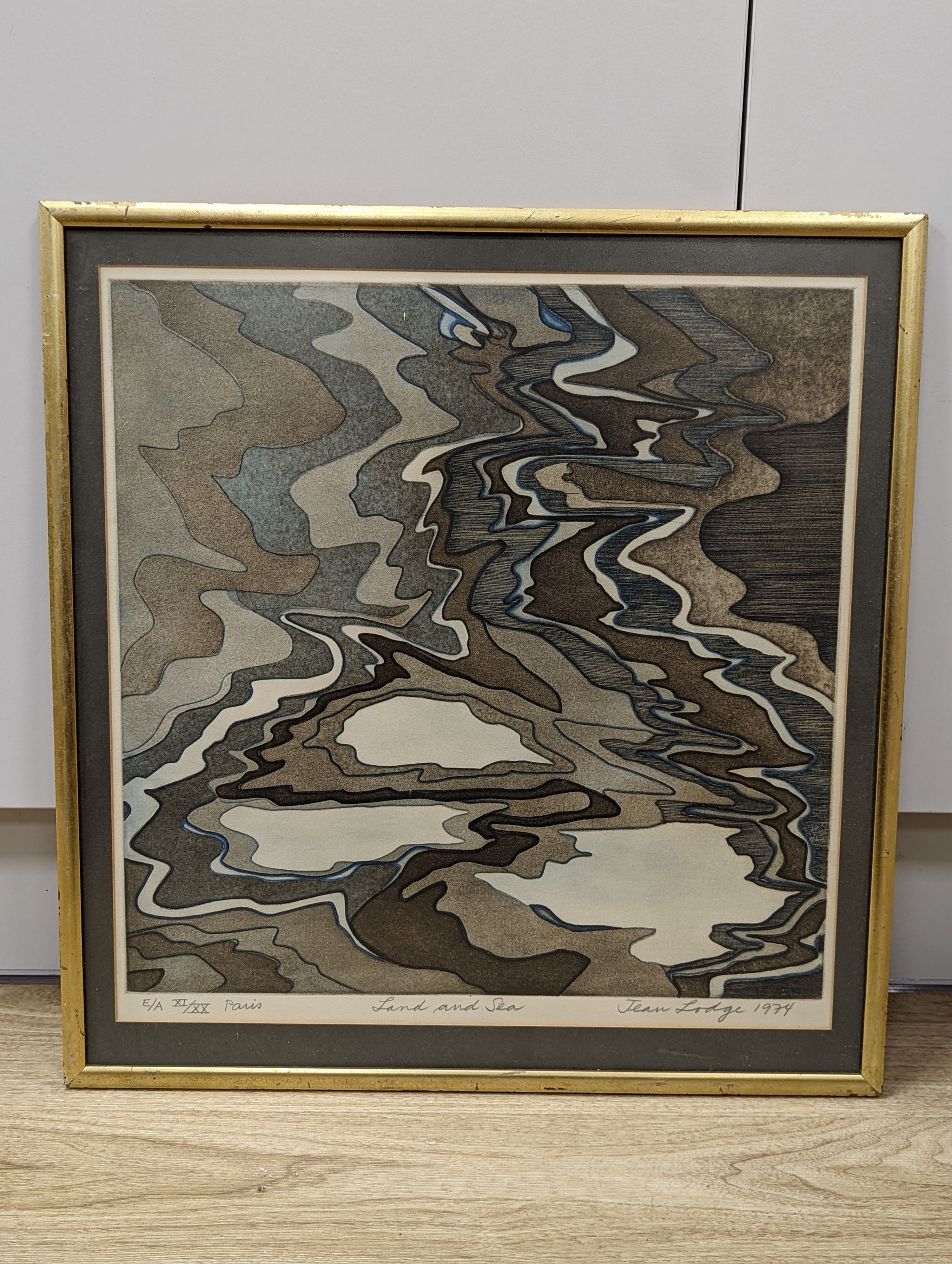 Jean Lodge (b.1941), woodcut, 'Land and sea', signed and dated 1974, XI/XX, 44 x 42cm